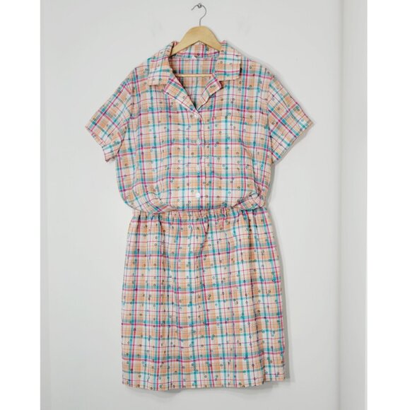 Vintage Dresses & Skirts - Vintage Multicolored Plaid Front Pocket Button-Up Blouse & Skirt Set Retro Sz XL